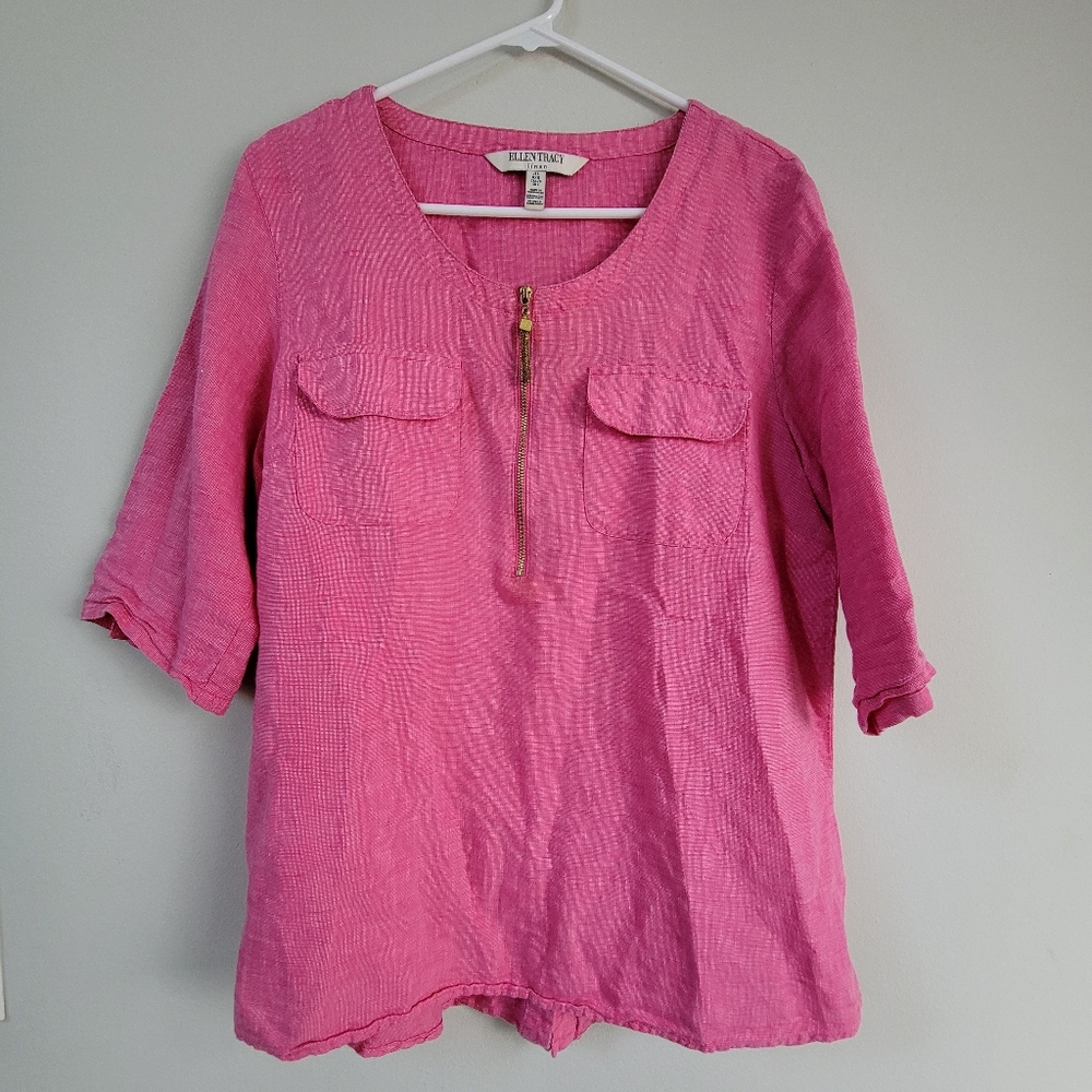 Ellen Tracy Pink Linen Blend 1/4 Sleeve Top Women's Size L Office Old Money